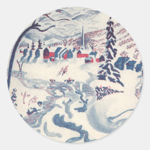 Adesivo Redondo Natal vintage, Snowscape com vila do inverno
