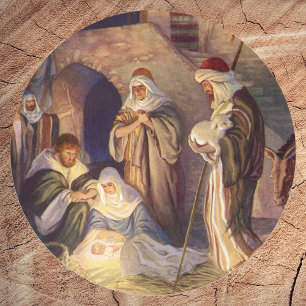 Adesivo Redondo Natal vintage, três pastores e bebê Jesus