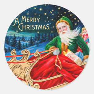 Adesivo Redondo Natal Vintage Verde Trenó do Papai Noel Noite Estr