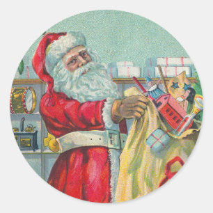 Adesivo Redondo Natal vintage, Victorian Papai Noel com brinquedos