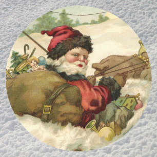 Adesivo Redondo Natal vintage, Victorian Papai Noel no trenó