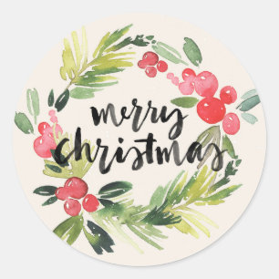 Adesivo Redondo Natal  Watercolor — Merry Christmas Wreath