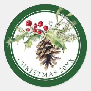 Adesivo Redondo Natal   Watercolor - Vintage Holly & Pinecone