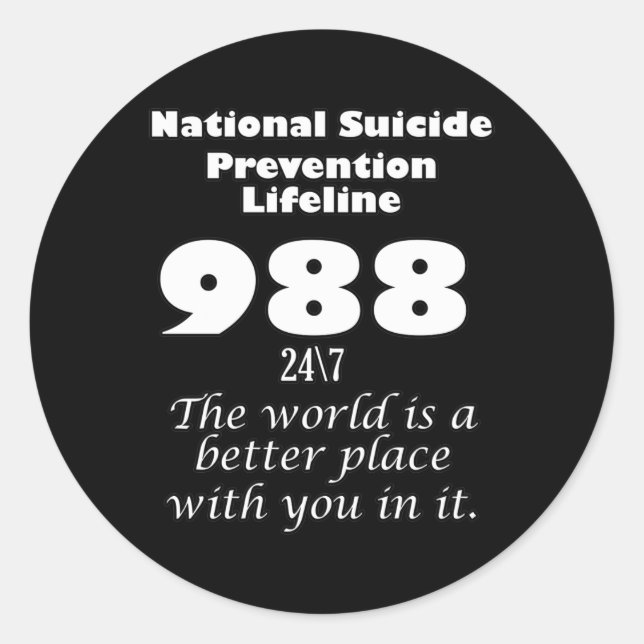 Adesivo Redondo National Suicide Prevention Lifeline 988 With Whit (Frente)
