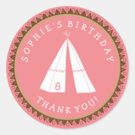 Adesivo Redondo Native American Tipi Pink Birthday