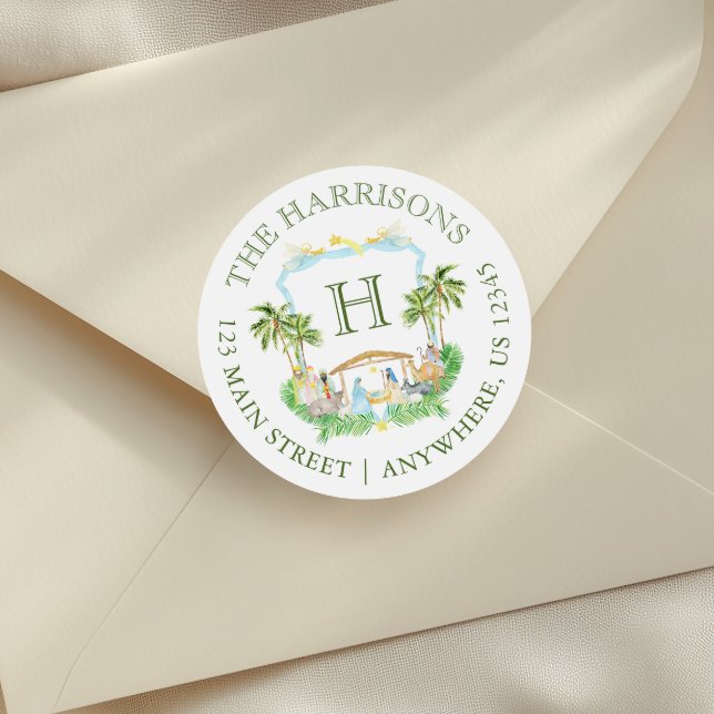 Adesivo Redondo Natividade de Aquarela Monograma Crest Natal (Criador carregado)