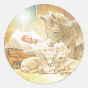 Adesivo Redondo Natividade de Jesus do bebê com cordeiros e asno