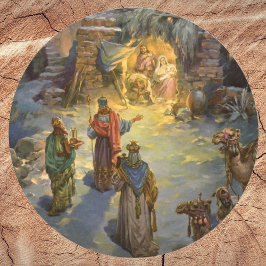 Adesivo Redondo Natividade de Natal Vintage com Magos Visitantes