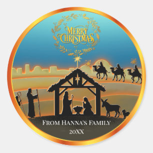 Adesivo Redondo Natividade Dourada Personalizada "Feliz Natal"