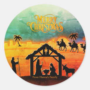 Adesivo Redondo Natividade Dourada Personalizada "Feliz Natal"