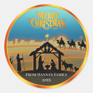 Adesivo Redondo Natividade Dourada Personalizada "Feliz Natal"