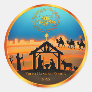 Adesivo Redondo Natividade Dourada Personalizada "Feliz Natal"