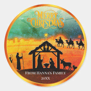 Adesivo Redondo Natividade Dourada Personalizada "Feliz Natal"