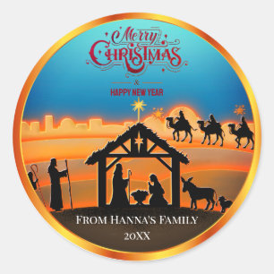 Adesivo Redondo Natividade Dourada Personalizada "Feliz Natal"