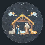 Adesivo Redondo Nativity Christmas<br><div class="desc">A lovely nativity scene including Mary,  Joseph,  and Jesus,  as well as angels,  a donkey and a cow.</div>