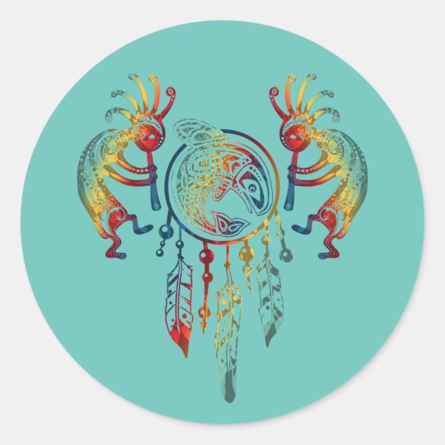 Adesivo Redondo Nativo americano Kokopelli Whale Dreamcatcher 1 (Frente)