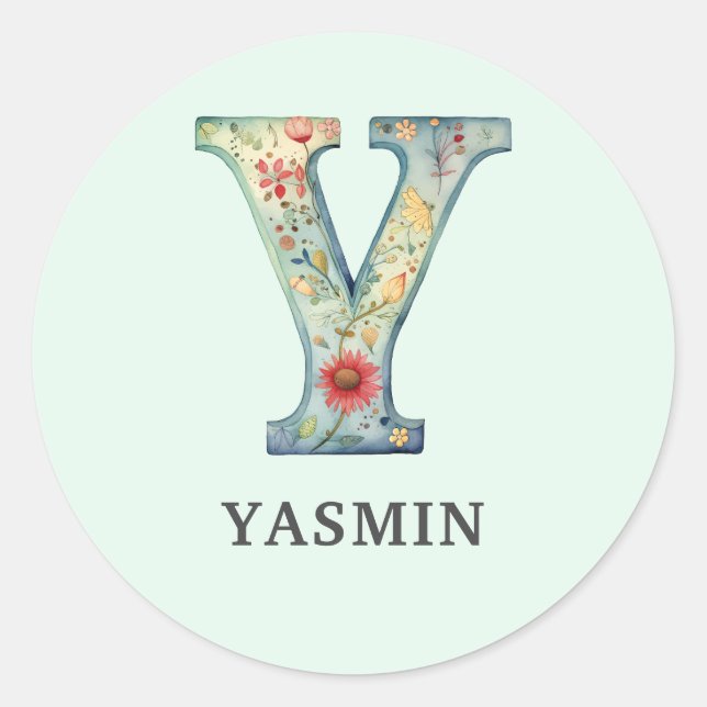 Adesivo Redondo Natureza Floral Elegante - Letra Y Nome Personaliz (Frente)