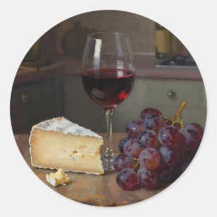 Adesivo Redondo Natureza-Morta Realista de Queijo e Uvas ao Vinho