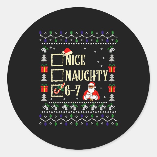 Adesivo Redondo Naughty Nice Six Seven Kids Ugly Christmas Sweater (Frente)