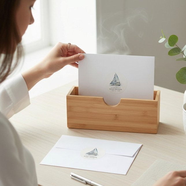 Adesivo Redondo Nauti-Bouy Blue Stripe Sailboat Baby Shower (Criador carregado)