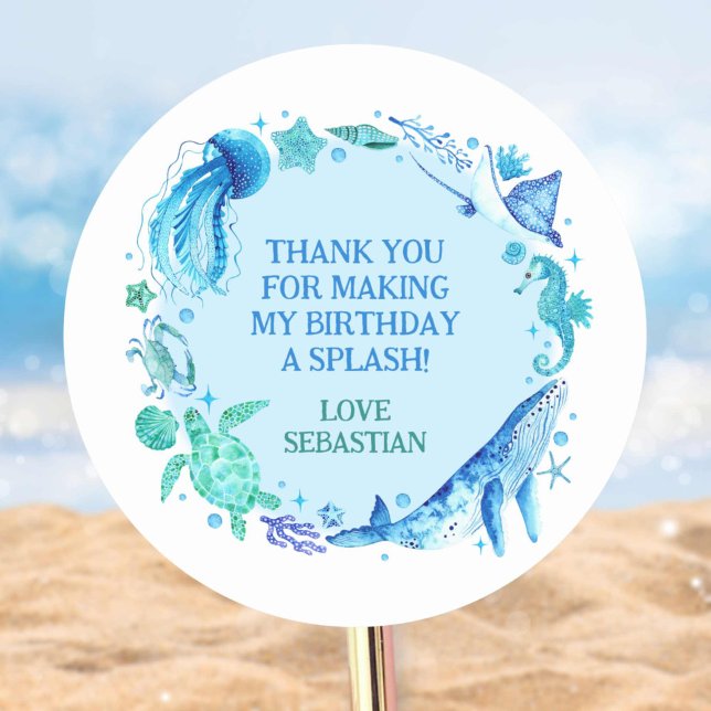 Adesivo Redondo Náutica Sob O Mar Cana-de-Água Obrigado (Nautical Under the Sea Watercolor Whale Thank You Classic Round Sticker)