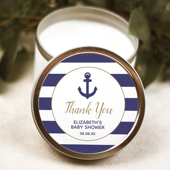 Adesivo Redondo Nautical Anchor Navy Baby Shower Thank You Classic (Criador carregado)