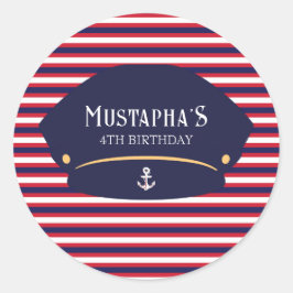 Adesivo Redondo Nautical Captain Birthday Red & Navy Stripes