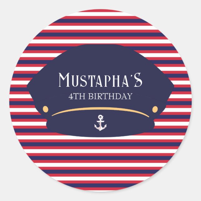 Adesivo Redondo Nautical Captain Birthday Red & Navy Stripes (Frente)
