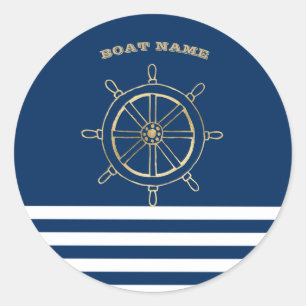 Adesivo Redondo Náutico, Roda de Barco Dourada, Listras Azul-Marin