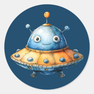 Adesivo Redondo Nave Espacial Extraterrestre Aquarela OVNI Fofo