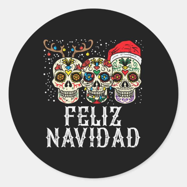 Adesivo Redondo Navidad Sugar Skulls Reindeers Papais noeis mexica (Frente)