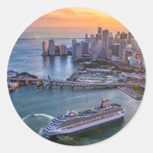 Adesivo Redondo Navio de Cruzeiro do Pôr do Sol de Miami & Paisage