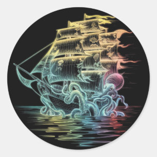 Adesivo Redondo Navio Pirata Rainbow Kraken - Arte Náutica Colorid