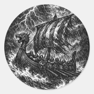 Adesivo Redondo Navio Viking no Temporal — Ink Saga Art
