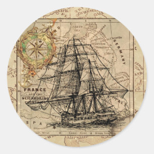 Adesivo Redondo Navio Vintage e velho mapa europeu