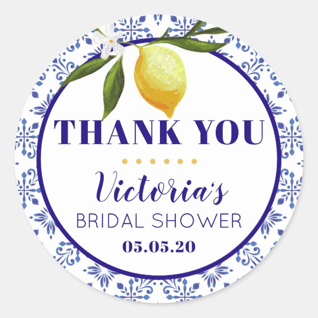 Adesivo Redondo Navy Blue and Lemon bridal shower round sticker (Frente)