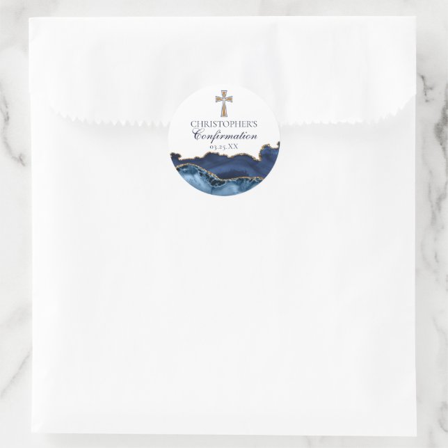 Adesivo Redondo Navy Blue Gold Christian Cross Confirmation Party (Bolsa)