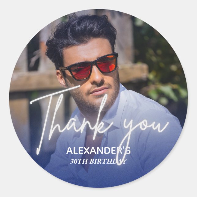 Adesivo Redondo Navy blue Gradient Photo Birthday Thank you (Frente)