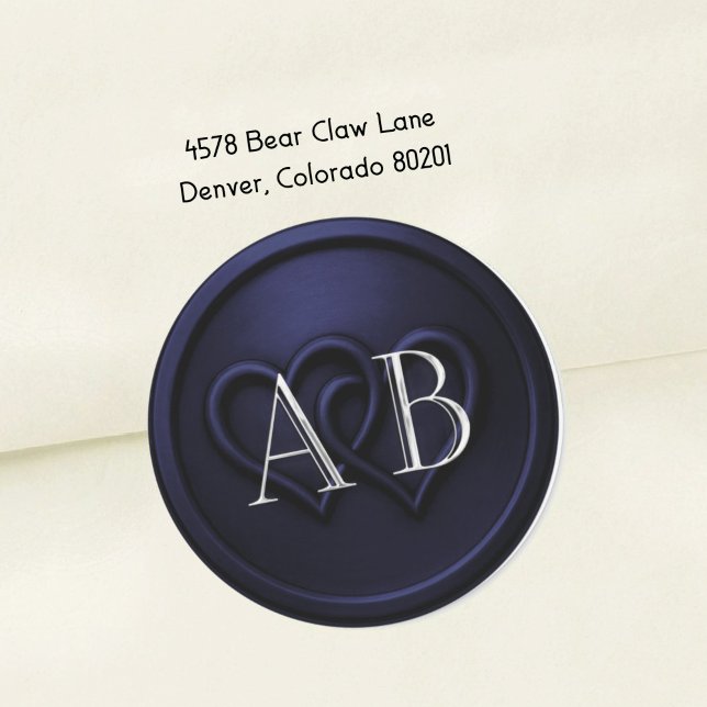 Adesivo Redondo Navy  Blue Two Hearts Silver Monogram Wedding 2 (Criador carregado)