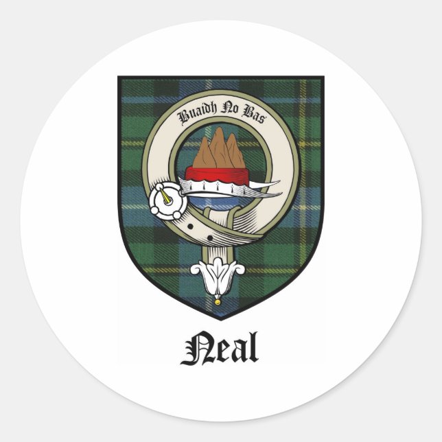 Adesivo Redondo Neal Clan Crest Crachá Tartan (Frente)