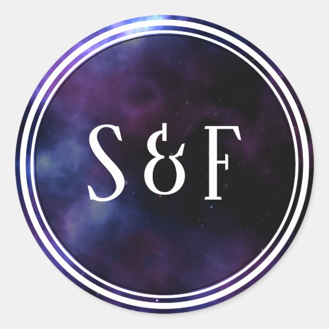 Adesivo Redondo Nebulosa Espacial Galáxia Roxa Monograma Envelope  (Frente)