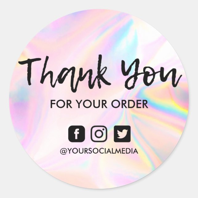 Adesivo Redondo Negócios Holográficos Faux Pink Obrigado (Frente)