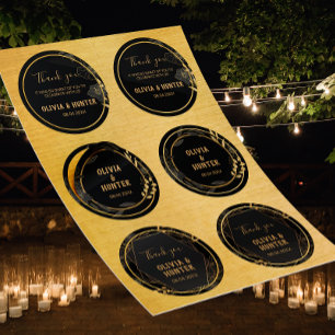 Adesivo Redondo Negra Clássica e Casamento Floral Dourado Obrigado