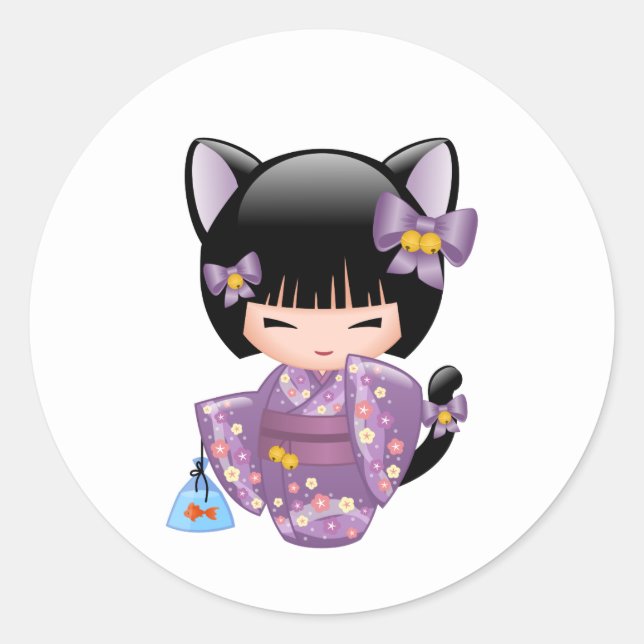Adesivo Redondo Neko Kokeshi Doll - Cat Ears Geisha Girl (Frente)