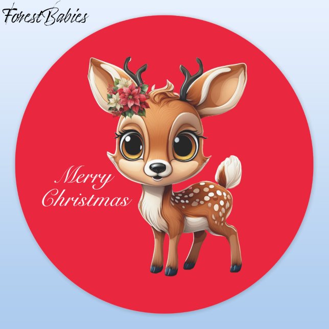Adesivo Redondo Neném, Fawn, Doce, Reindeer 🦌 🎄 Natal Vermelho (ForestBabies Floral Baby Deer, Fawn, Doe, Reindeer Antler Lover, Red Festive Xmas Sticker 🦌🎄)