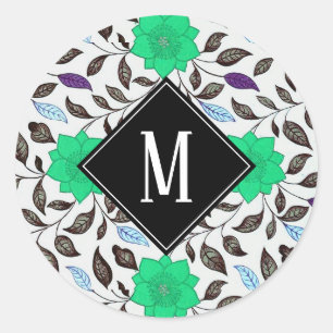 Adesivo Redondo Neo Mint Vintage Pópia Floral Monograma