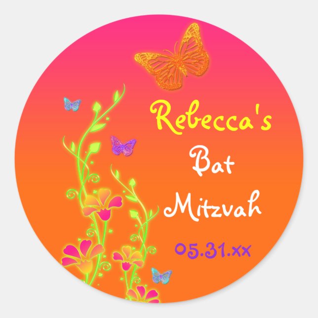 Adesivo Redondo Neon Butterflies e Flowers Bat Mitzvah Sticker (Frente)