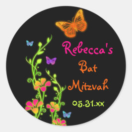 Adesivo Redondo Neon Butterflies e Flowers Bat Mitzvah Sticker