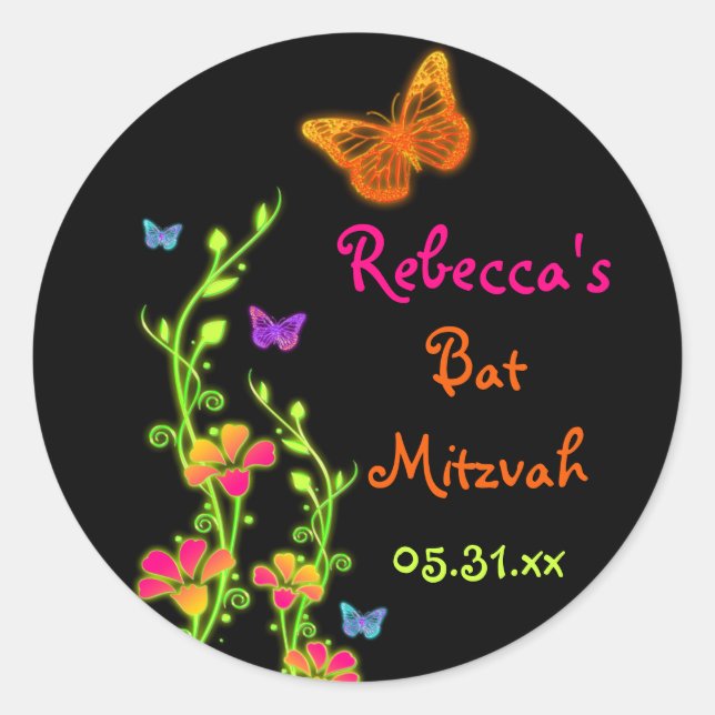 Adesivo Redondo Neon Butterflies e Flowers Bat Mitzvah Sticker (Frente)