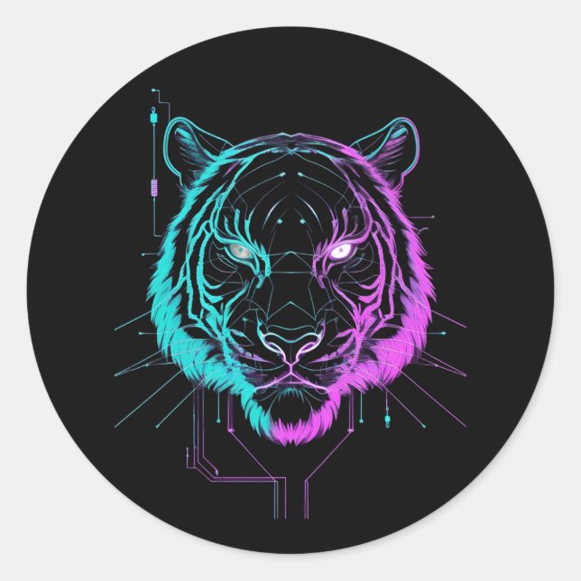 Adesivo Redondo Neon digital tiger art (Frente)